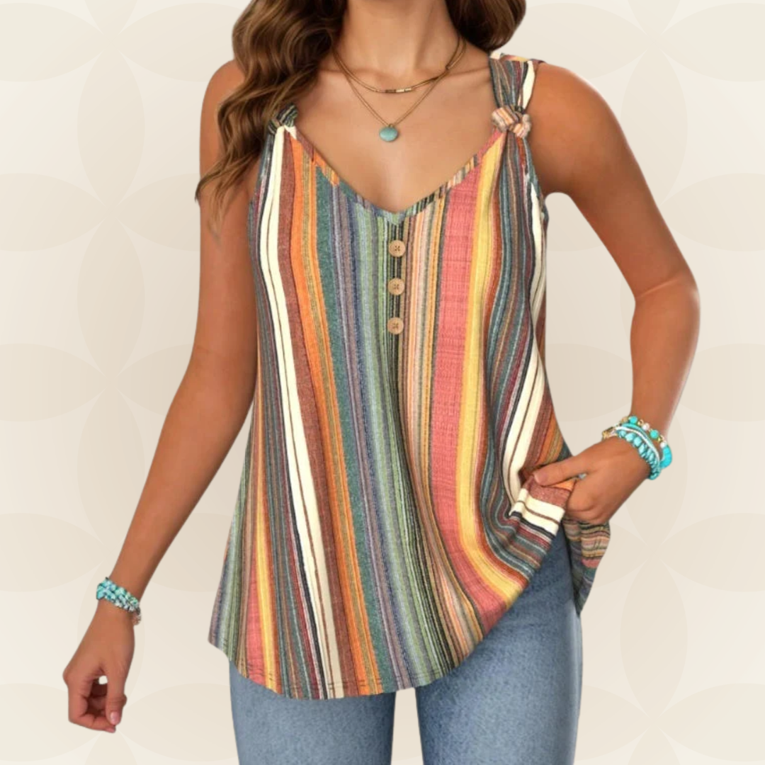 Women's multicolor striped V-neck sleeveless top with button detail, perfect for casual summer fashion.