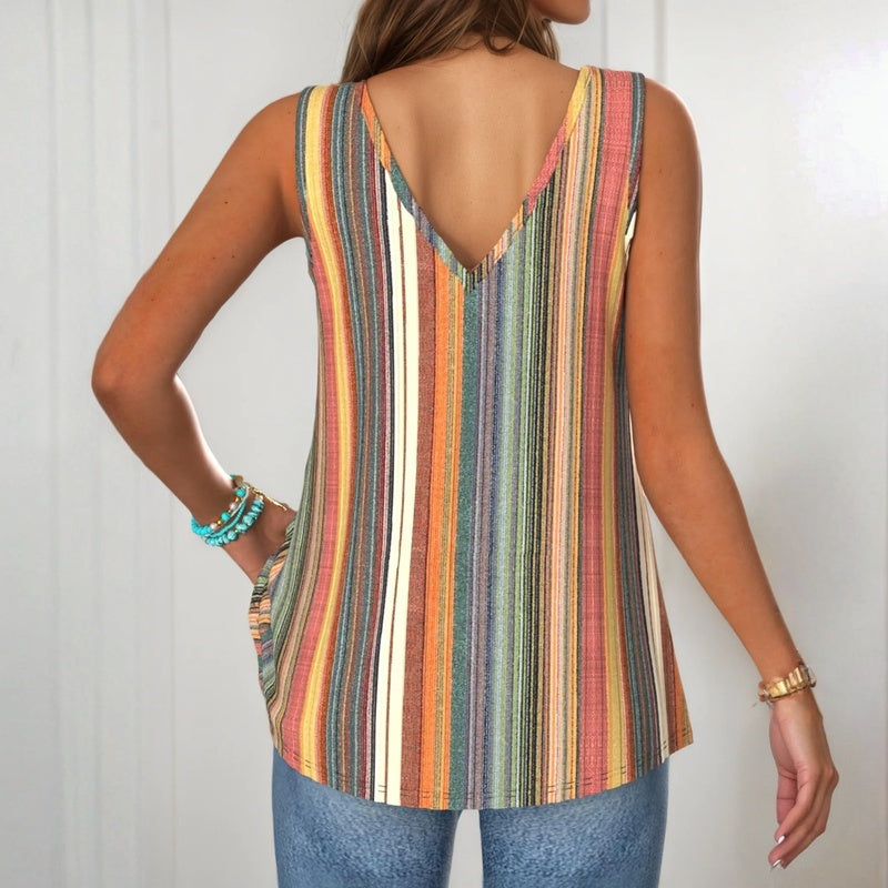 Chic women's striped V-neck sleeveless top with button detail. Versatile for spring & summer everyday wear.