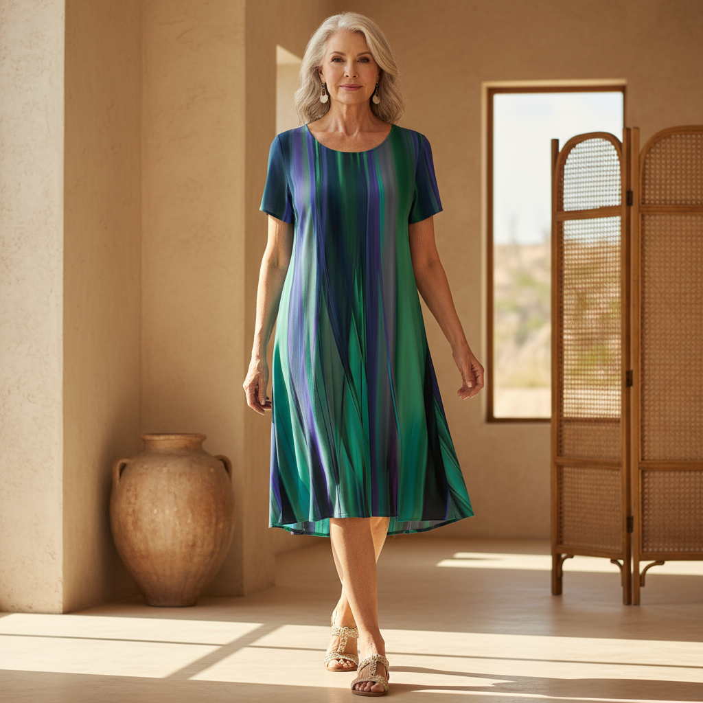 Women's multicolored striped swing dress with a relaxed fit & short sleeves, perfect for casual summer style.