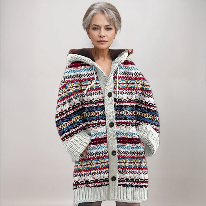 Women's Nordic hooded knit cardigan with Fair Isle pattern, button front, ideal for cozy winter fashion.