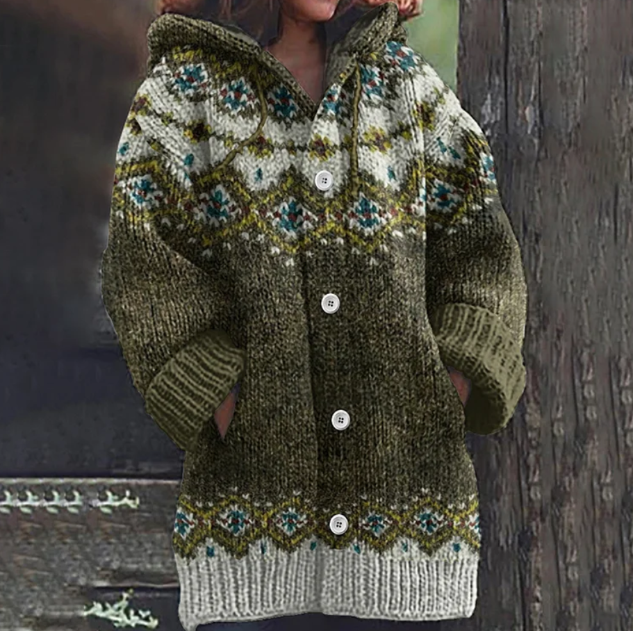 Cozy women's hooded knit cardigan in a relaxed fit with button front, featuring a stylish Nordic design.
