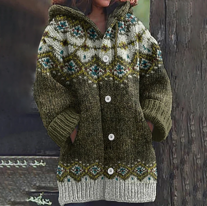 Cozy women's hooded knit cardigan in a relaxed fit with button front, featuring a stylish Nordic design.