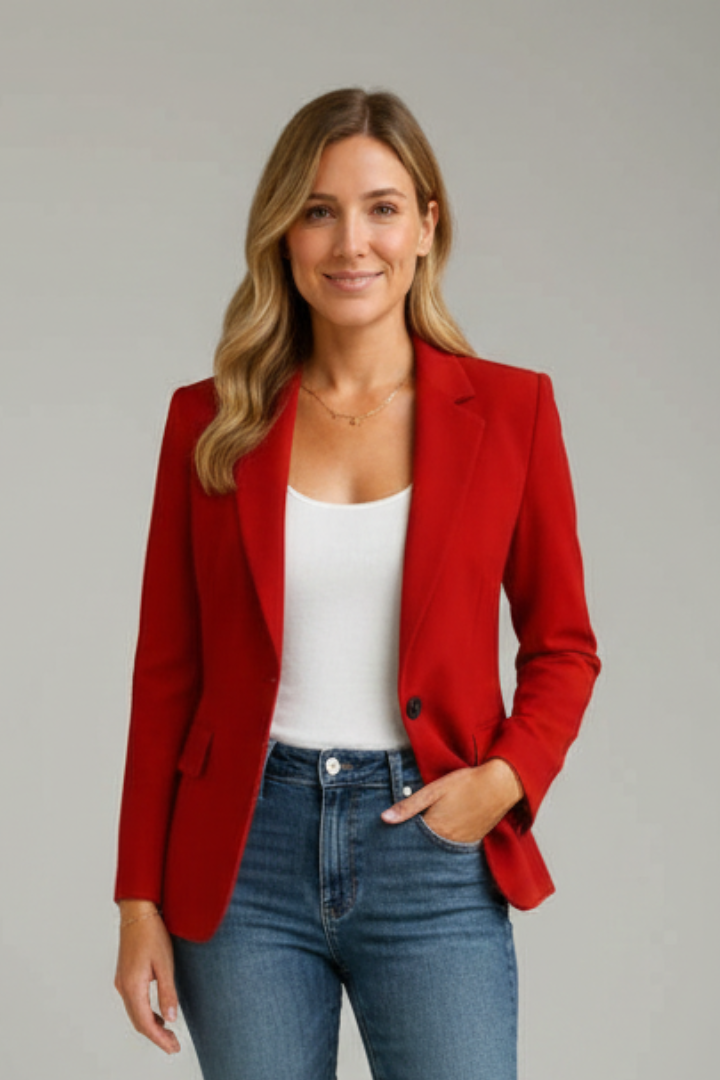 Elegant women's tailored blazer with notched lapels and long sleeves, perfect for professional attire.