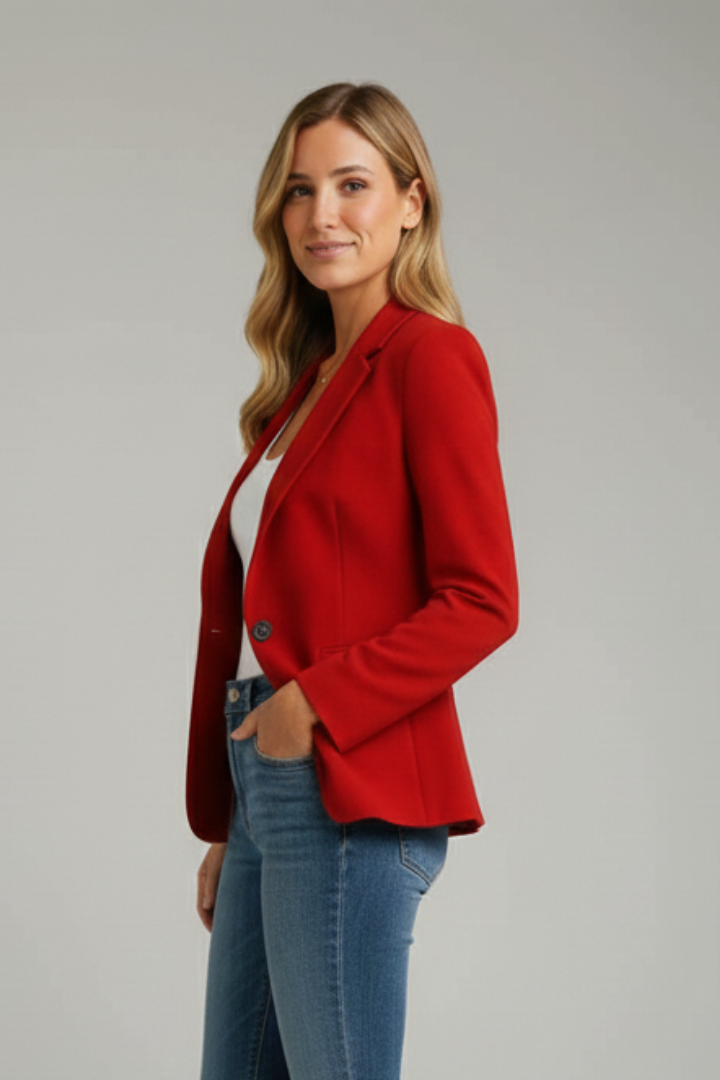 Red women's long sleeve blazer with notched lapels, ideal for a professional and stylish office look.
