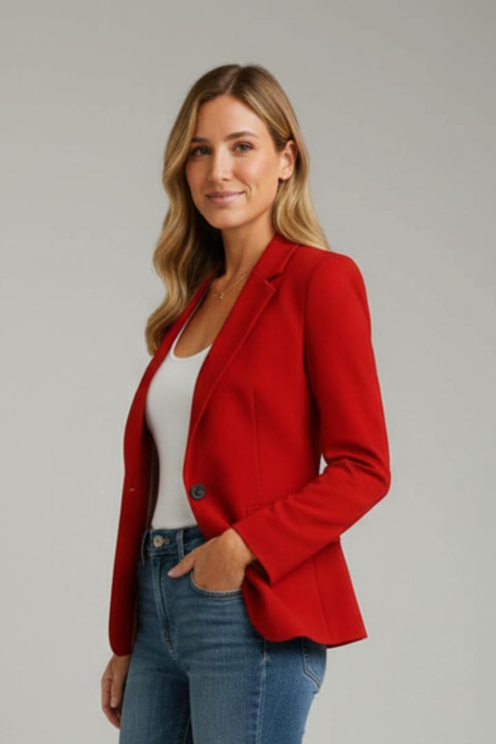 White women's notched lapel blazer, a versatile long sleeve tailored jacket for business casual outfits.