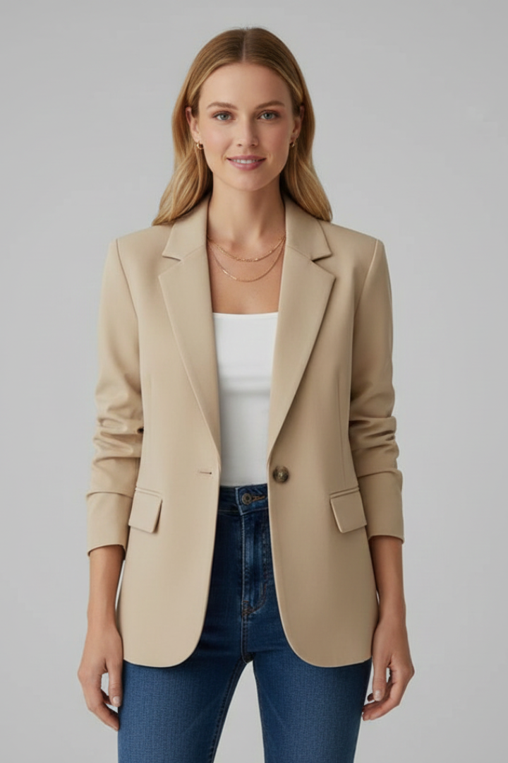 Versatile women's long sleeve blazer with notched lapels, suitable for professional and smart casual looks.