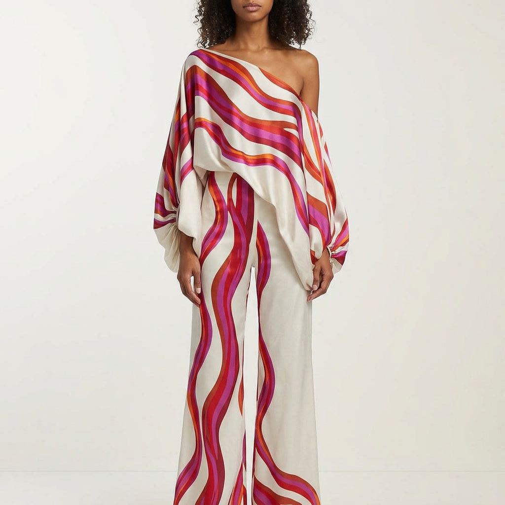 Women's off-shoulder printed two-piece set, perfect for summer casual wear & beach vacations.