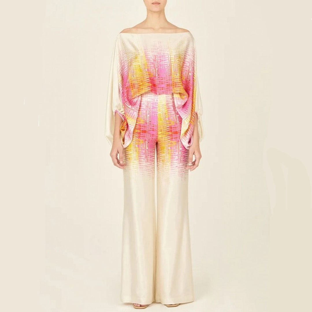 Beach-ready women's off-shoulder printed two-piece set, ideal for summer vacations and seaside style.