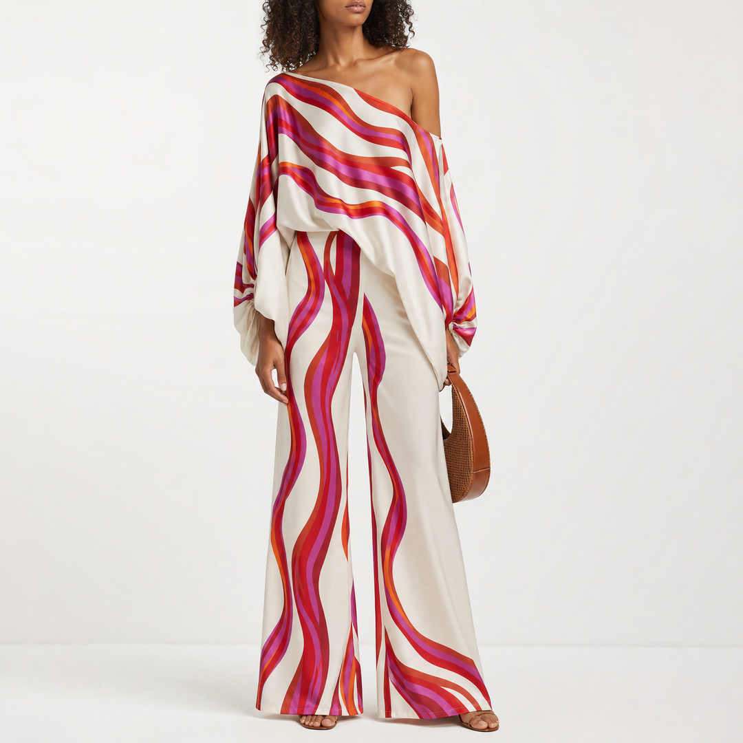 Relaxed fit women's off-shoulder printed summer two-piece outfit for beach style & vacation attire.