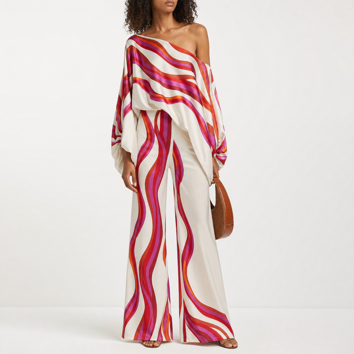 Relaxed fit women's off-shoulder printed summer two-piece outfit for beach style & vacation attire.