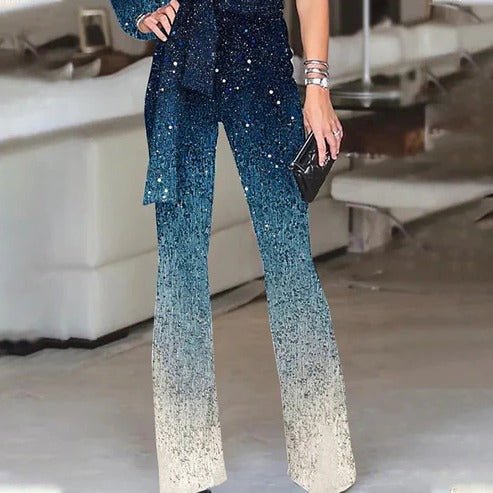 Statement women's blue ombre one-shoulder disco jumpsuit. Chic wide-leg party wear, perfect for special occasions.