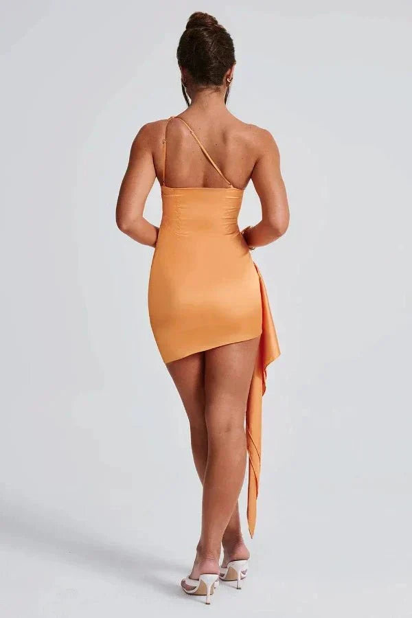 Front view of the ivory one-shoulder draped mini dress, highlighting its unique silhouette.
