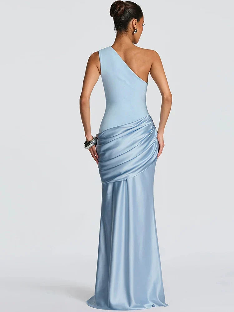 Chic brown one-shoulder maxi dress, an elegant choice for women's special occasions & party events.