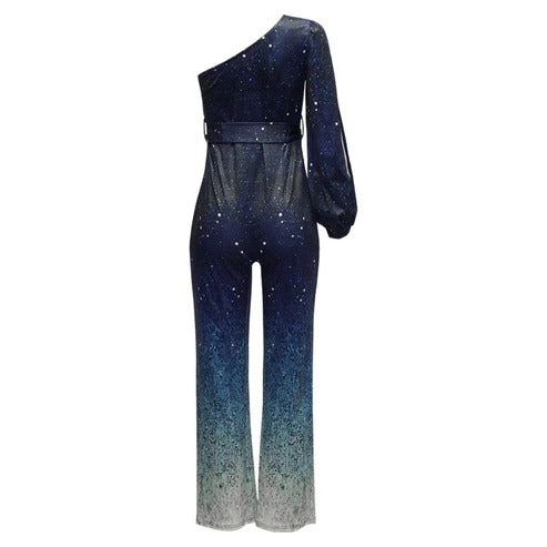 Stylish women's one-shoulder ombre flared jumpsuit in blue, perfect disco party wear. A retro evening dance outfit.