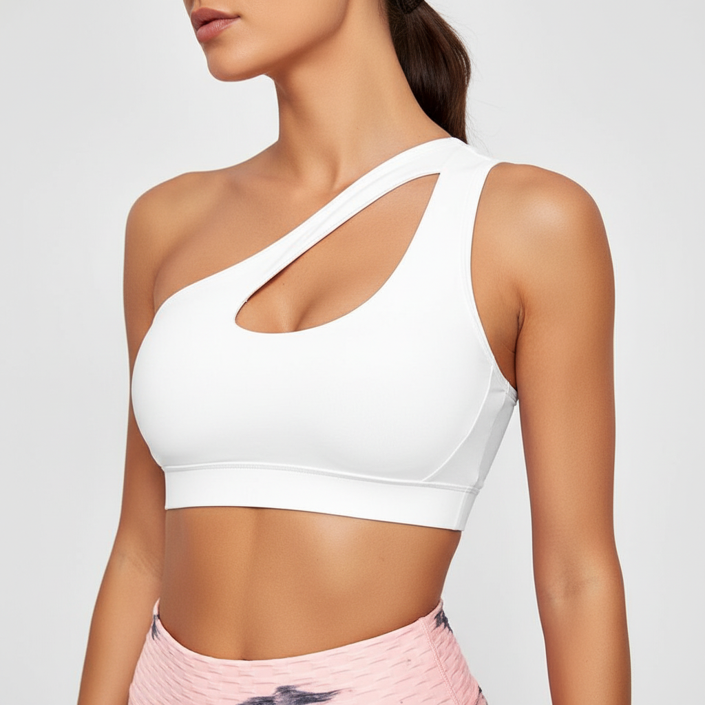 Elegant women's one-shoulder activewear sports bra with cutout detail, perfect for gym, yoga, & athletic support.