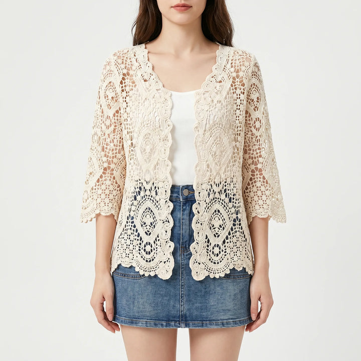 Elegant women's open-front crochet cardigan, ideal for bohemian summer casual layering.
