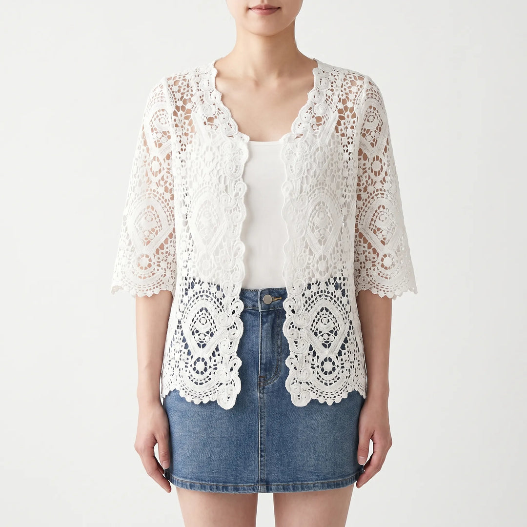 Effortless layering with this women's open-front crochet cardigan, suitable for summer casual wear.