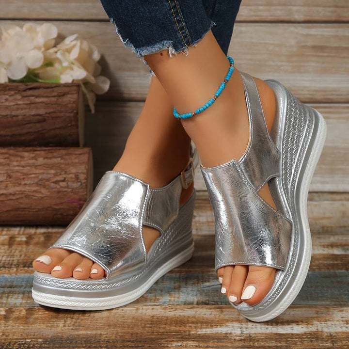 Women's open-toe platform wedge sandals, slip-on style, comfortable for summer casual wear.