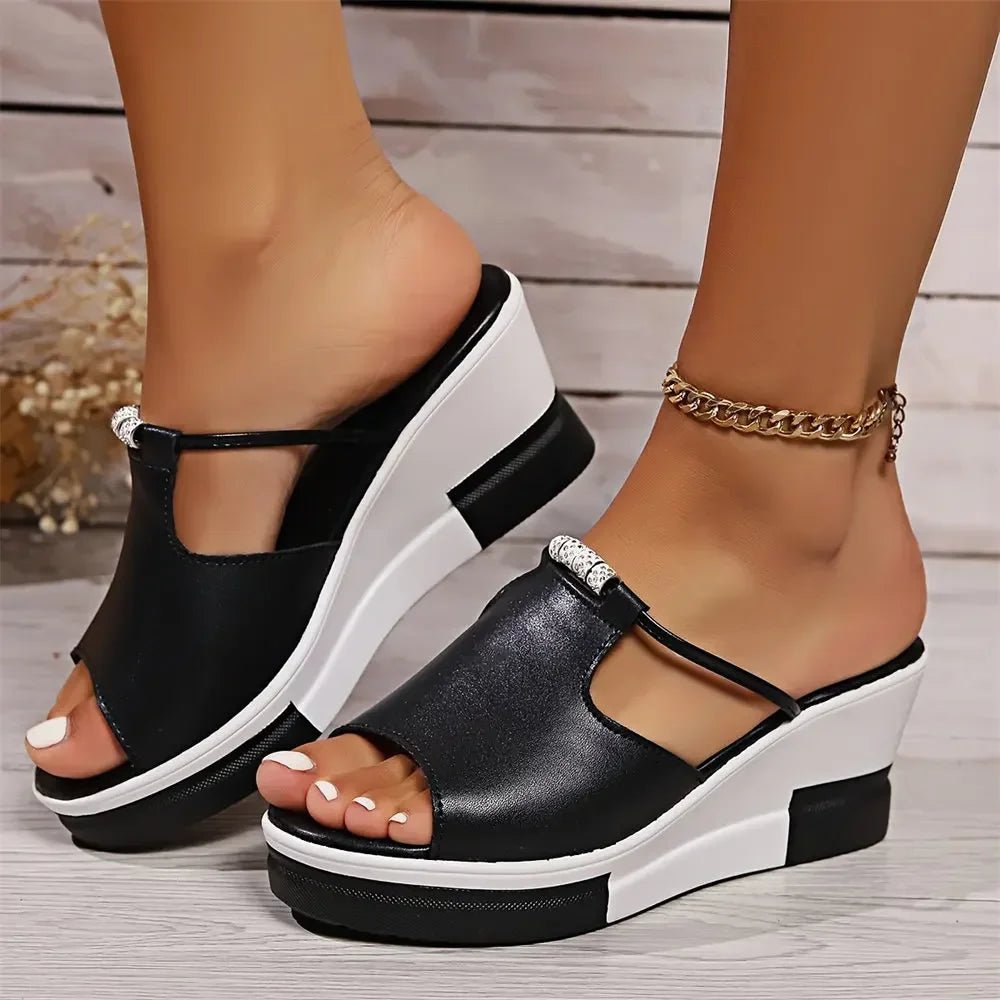 Women's open-toe wedge platform slide sandals. Perfect for summer casual wear.