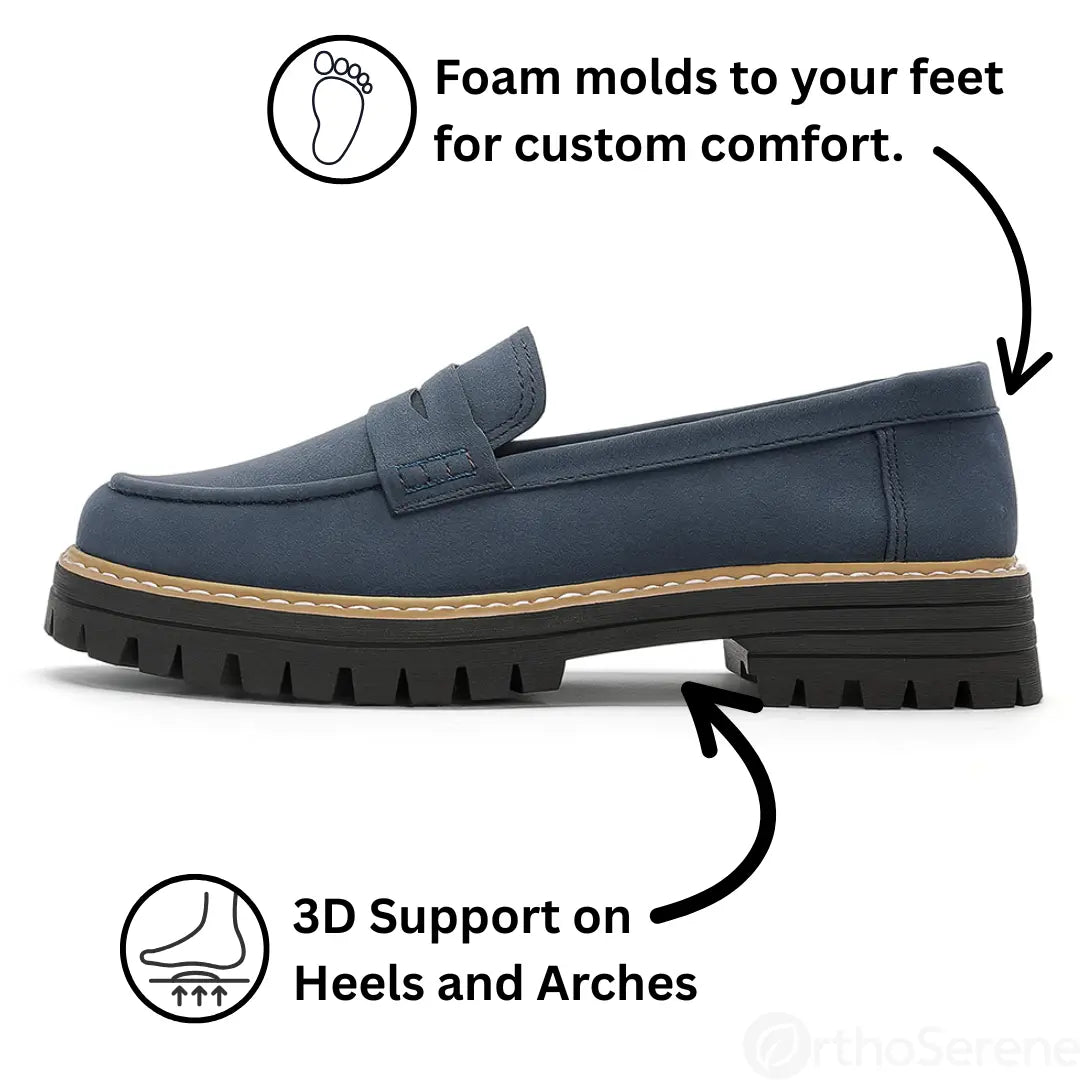 Orthopaedic women's loafers for foot health, wide toe box comfort flats, supportive for daily wear.