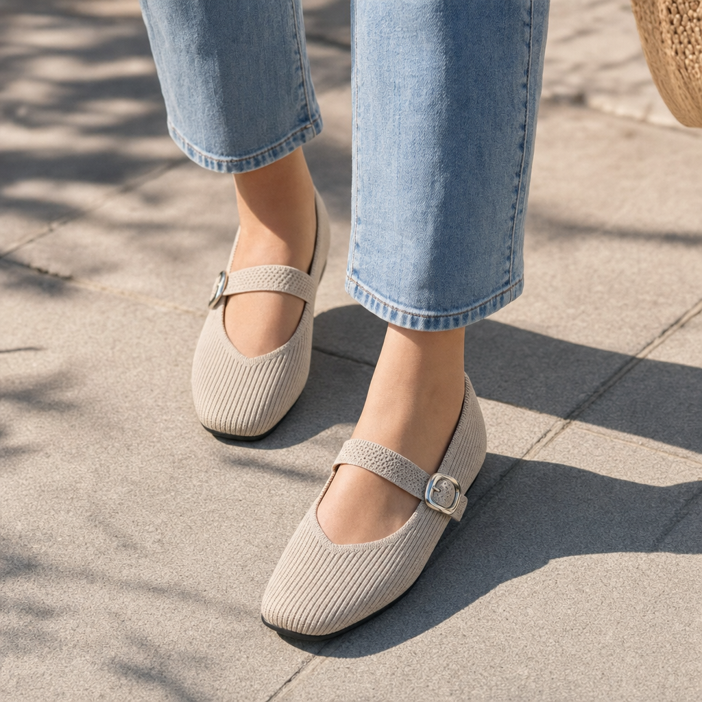 Stylish women's Mary Jane flats, square toe, V-cut strap. Perfect orthopaedic daily wear.