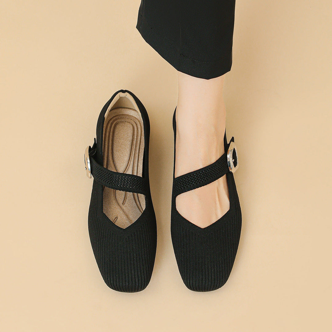 Close-up: women's orthopaedic Mary Jane flats, highlighting square toe and V-cut strap detail.