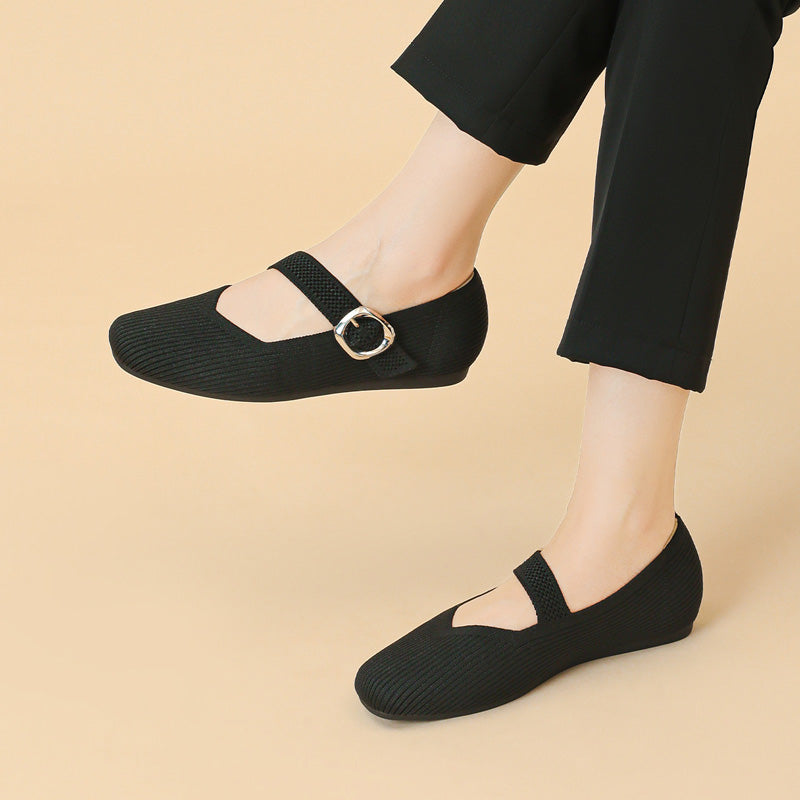 Pair of women's comfort Mary Jane flats, orthopaedic design, square toe, ideal for daily wear.