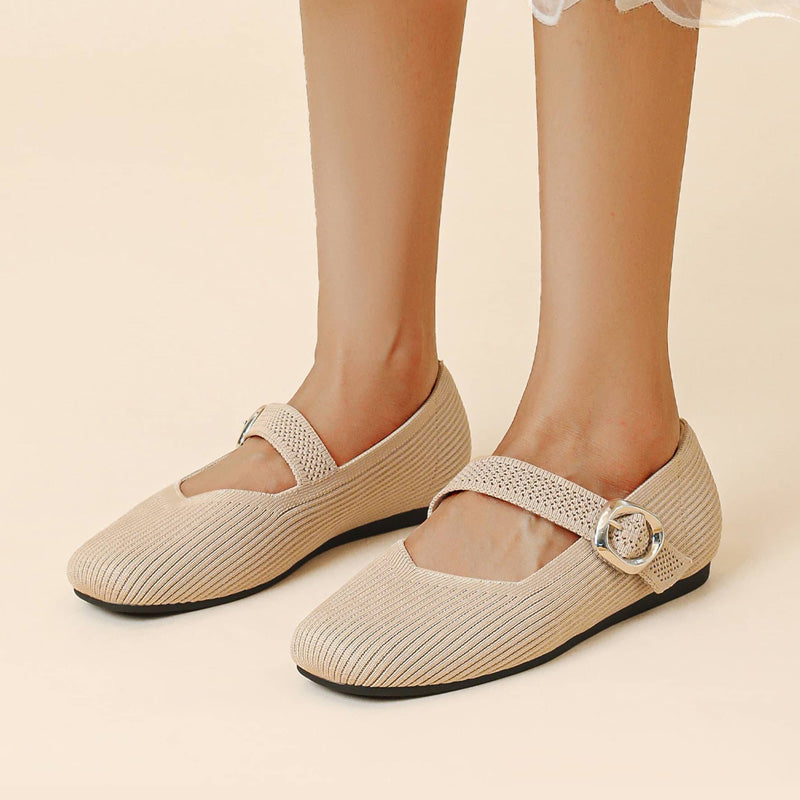 Side view of stylish women's Mary Jane flats, orthopaedic, square toe for essential foot support.