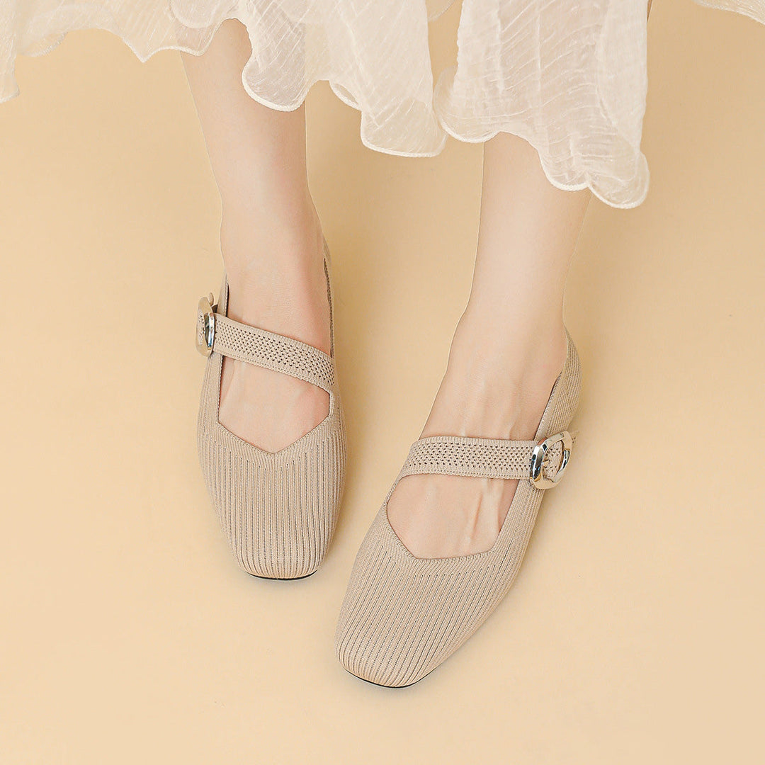 Front view of women's orthopaedic Mary Jane flats, showcasing the elegant square toe and strap.