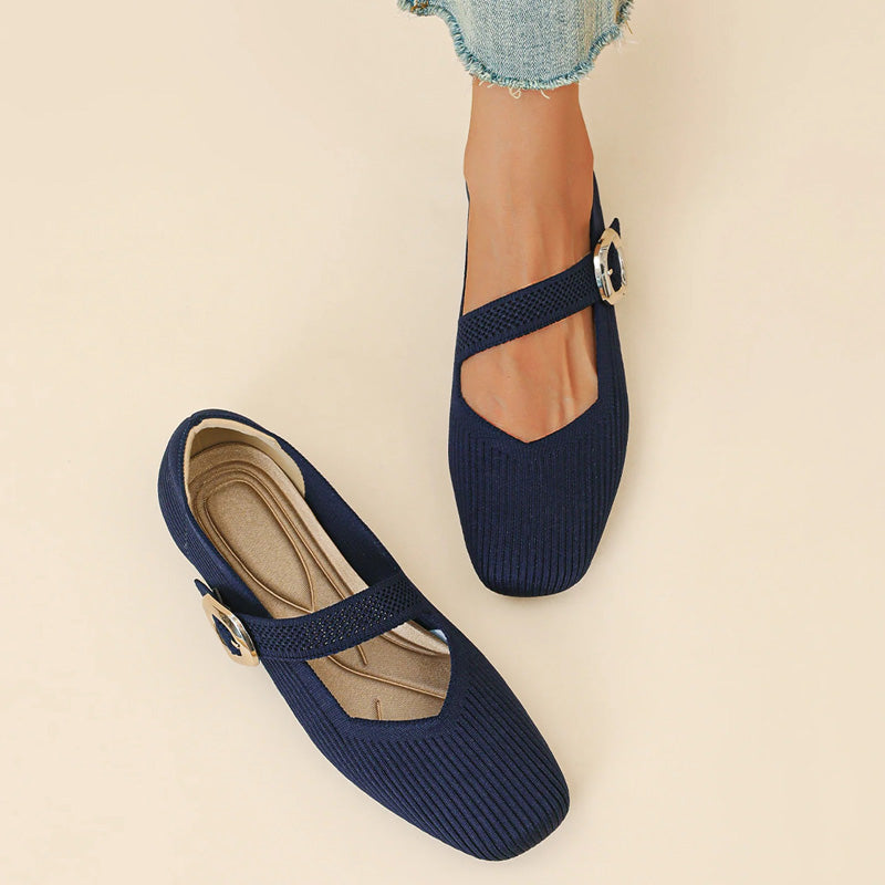 Women's fashion orthopaedic Mary Jane flats with V-cut strap and comfortable square toe.