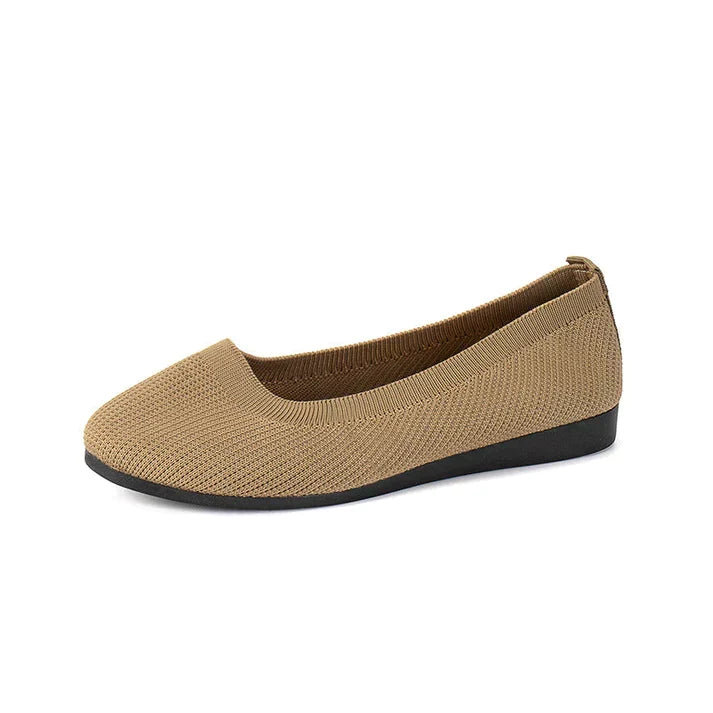 Elegant beige orthopedic ballet flats for women, offering foot support & all-day comfort.