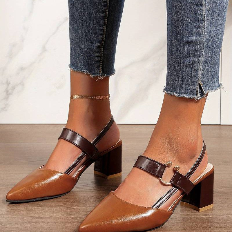 Supportive women's block heels with orthopedic design, comfortable slingback & pointed toe for everyday elegance.