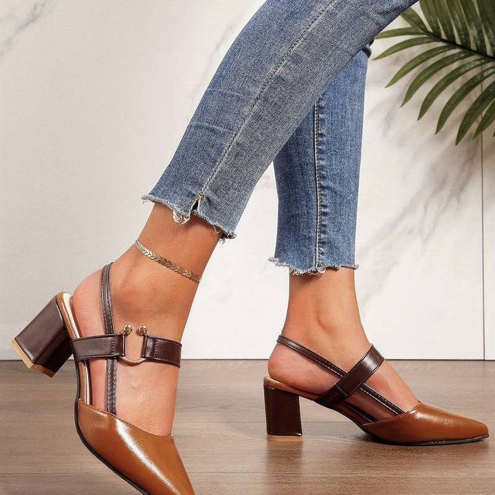 Chic women's orthopedic block heels, slingback strap & pointed toe. Ideal for comfortable work & dress shoes.