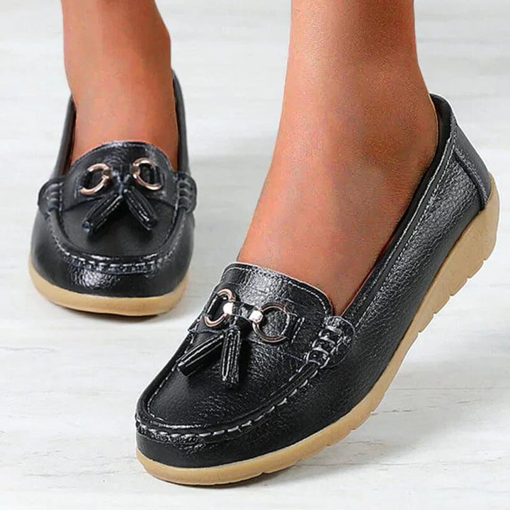 Close-up of the easy-care material on women's comfort orthopedic loafers, emphasizing quality and detail.