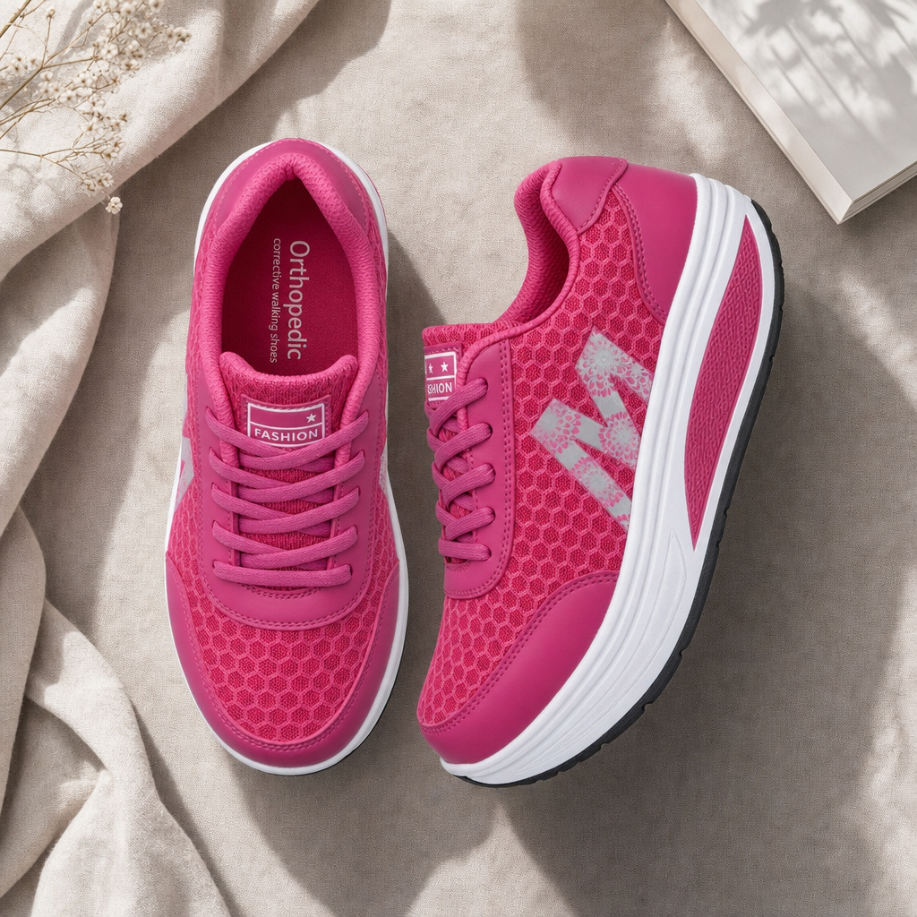 Breathable women's walking shoes featuring orthopedic arch support & shock-absorbing design.