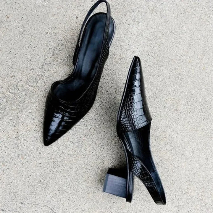 Black women's comfort pumps, orthopedic croco slingback heels with a stylish pointed toe for elegance.