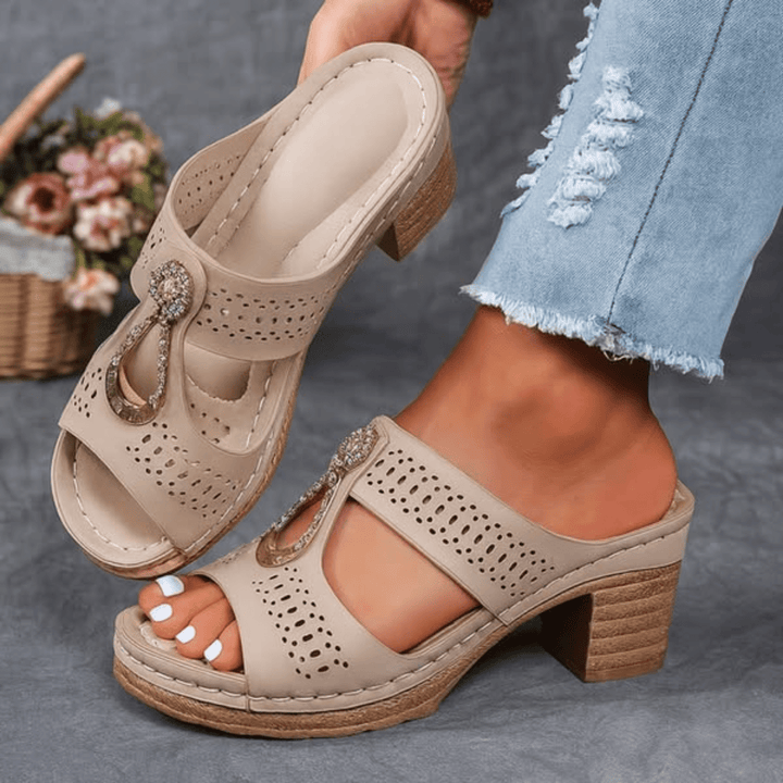 Ladies' open-toe heeled sandals, orthopedic design for supportive and stylish comfort.