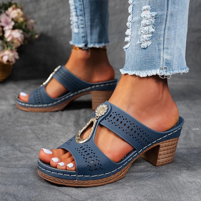 Comfortable women's slip-on heeled sandals with health benefits & arch support.