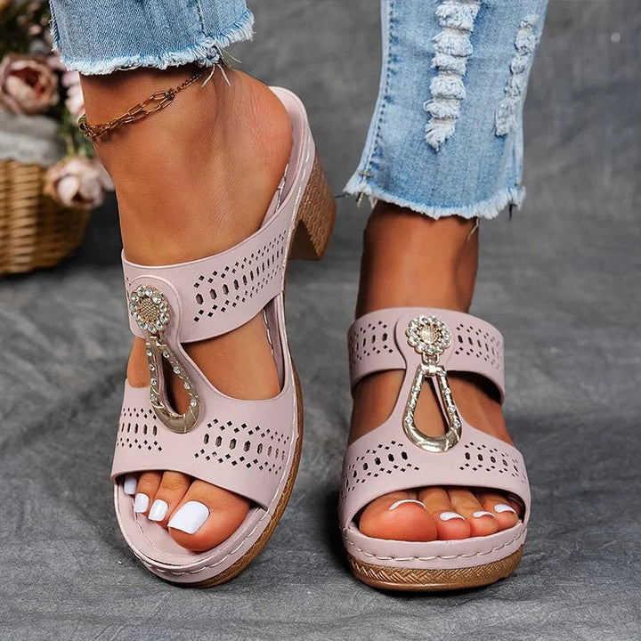 Open-toe orthopedic heeled sandals for women, offering superior arch support.