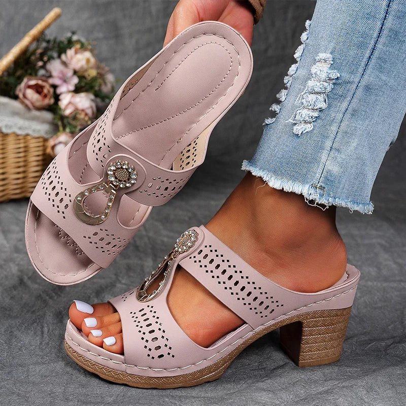 Slip-on women's wedge sandals, orthopedic comfort, and elegant summer footwear.
