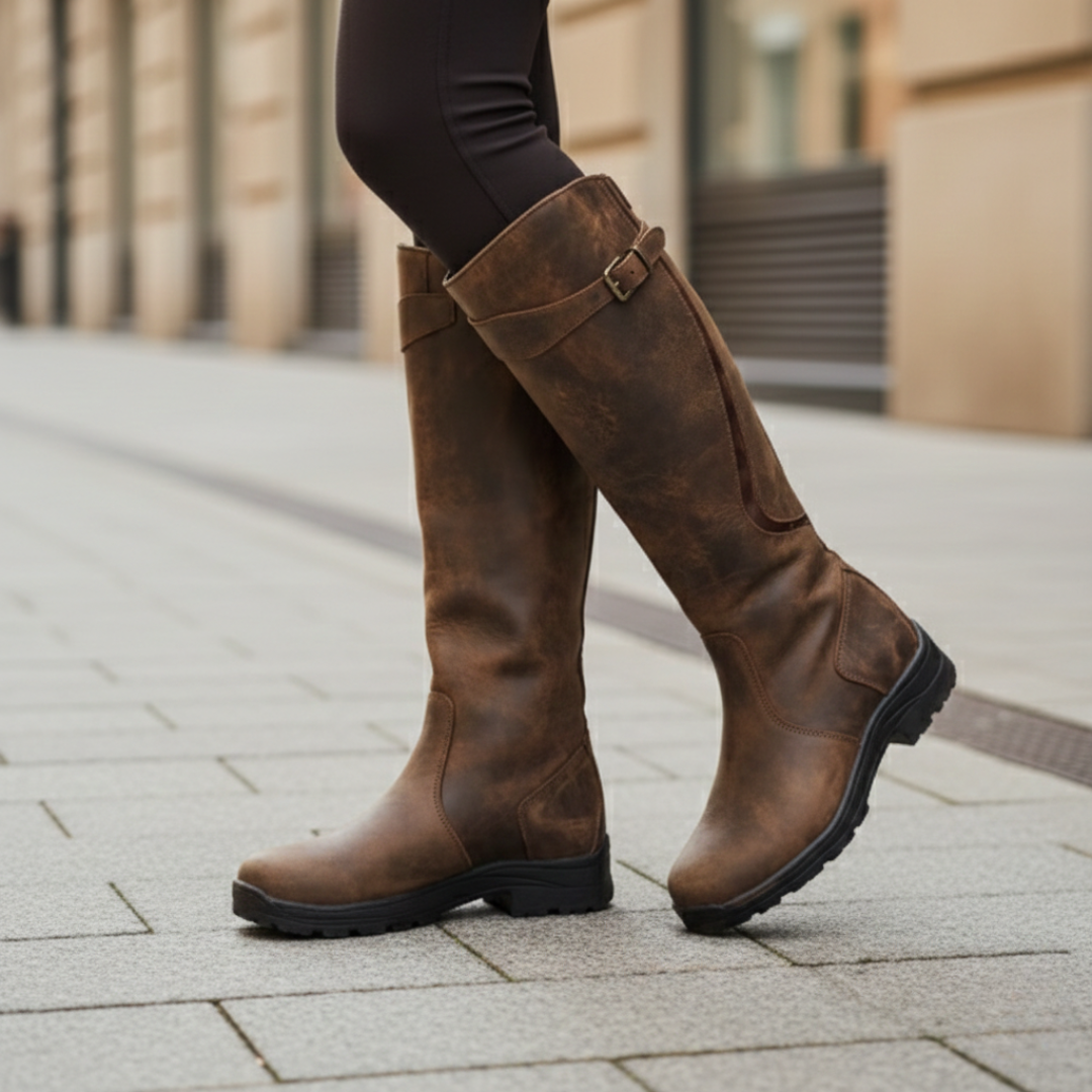 Violet waterproof knee-high orthopedic boots for women, featuring a comfortable & adjustable winter fit.