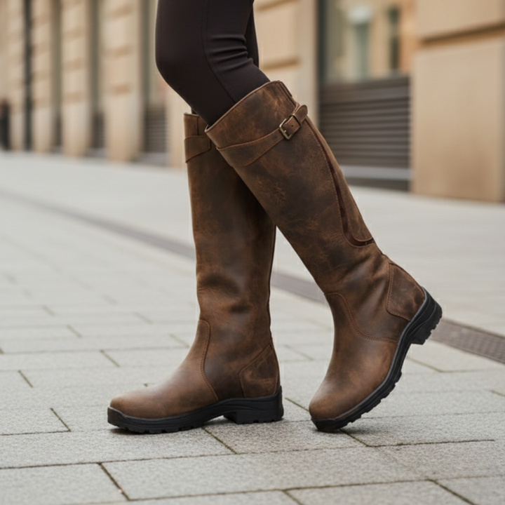Violet waterproof knee-high orthopedic boots for women, featuring a comfortable & adjustable winter fit.