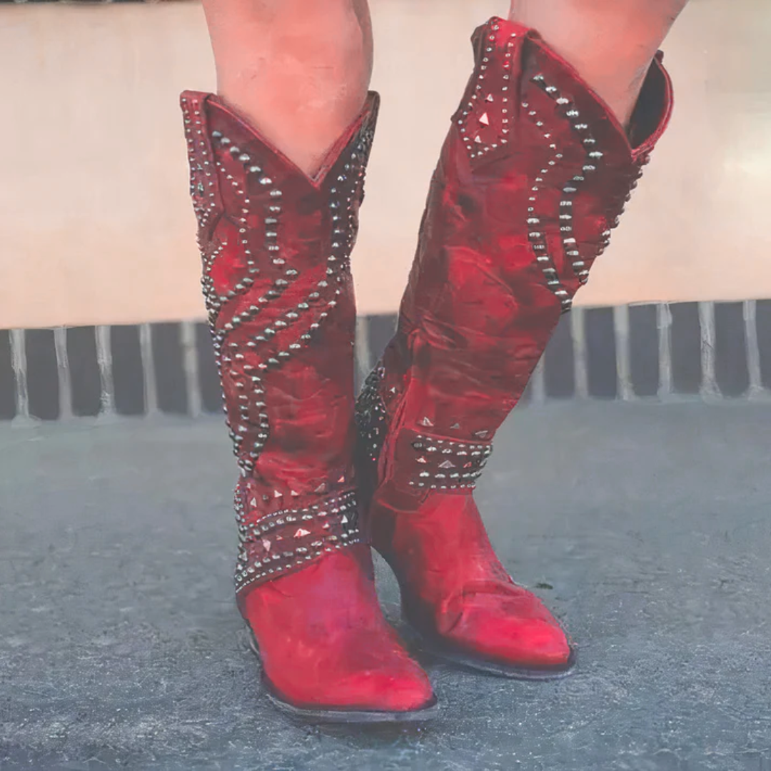 Comfortable red knee-high orthopedic boots for women. Perfect fall/winter fashion with a supportive mid-block heel.