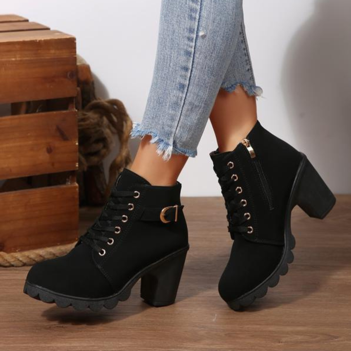 Women's orthopedic lace-up ankle boots with a stylish block heel, offering comfort & support for everyday wear.