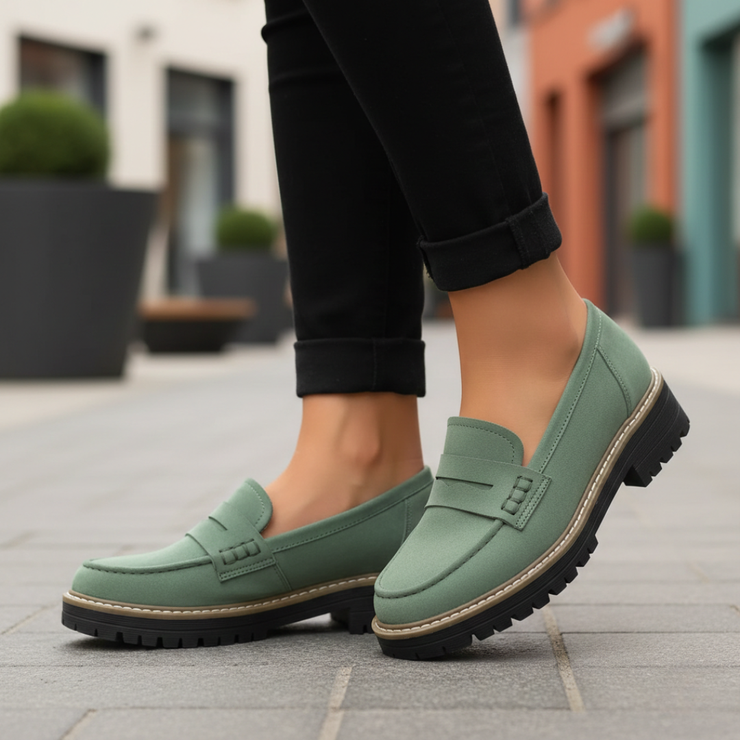 Comfortable women's orthopedic loafers with chunky sole. Slip-on design, supportive footwear for casual style.