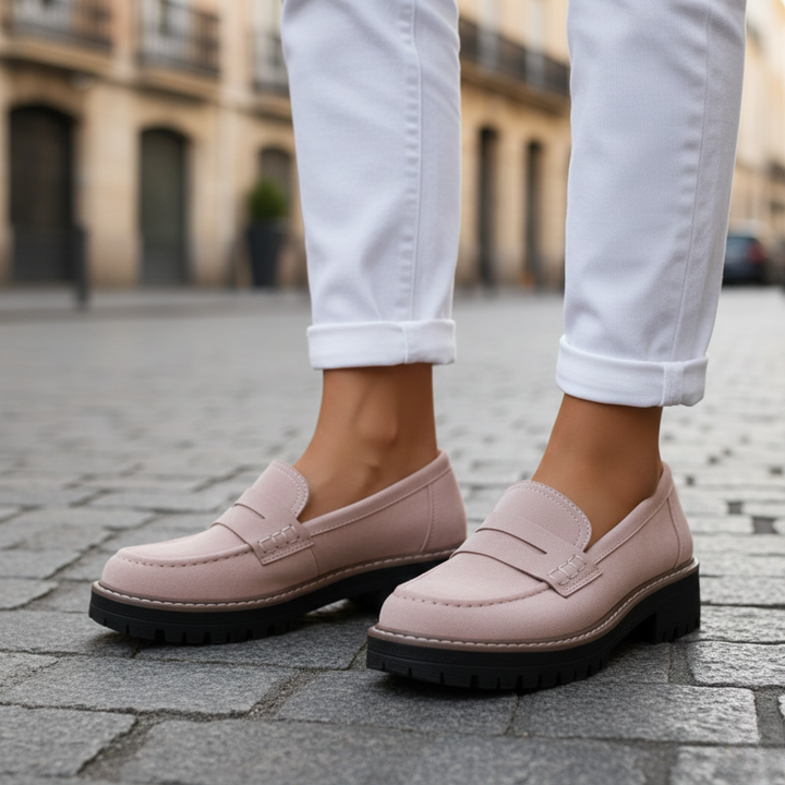 Front view: Black women's orthopedic slip-on loafers with a prominent chunky sole for all-day comfort.