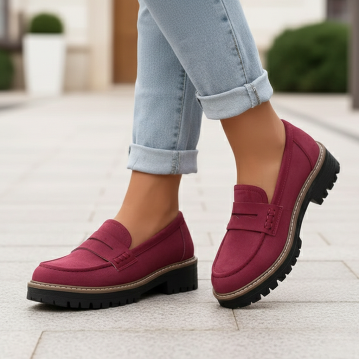 Side profile: Women's supportive orthopedic loafers. Showcases the comfortable, chunky sole for everyday fashion.