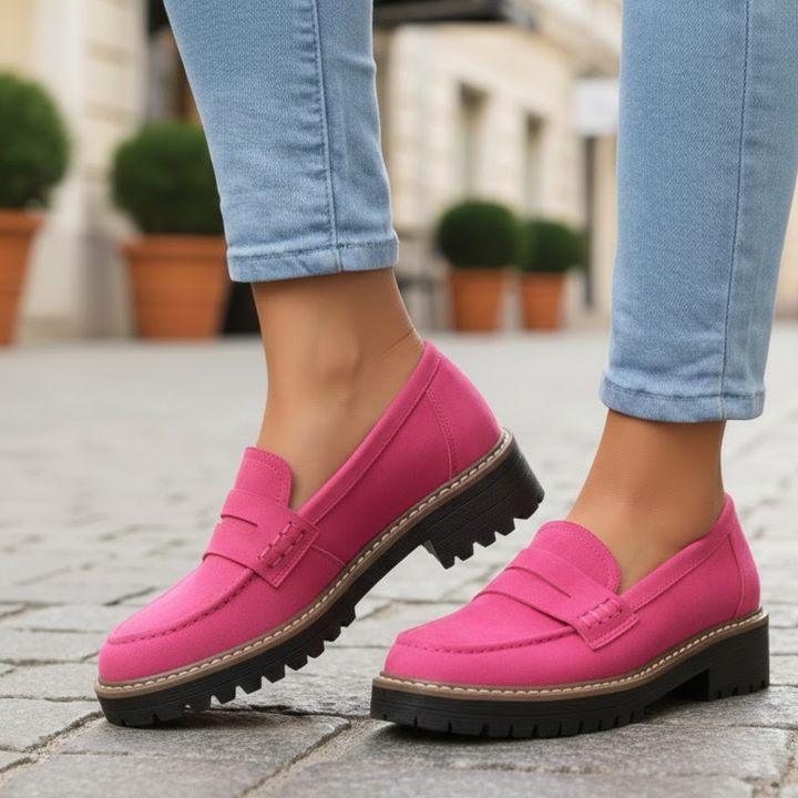 Woman wearing casual women's orthopedic loafers, perfect for everyday comfort and foot health.