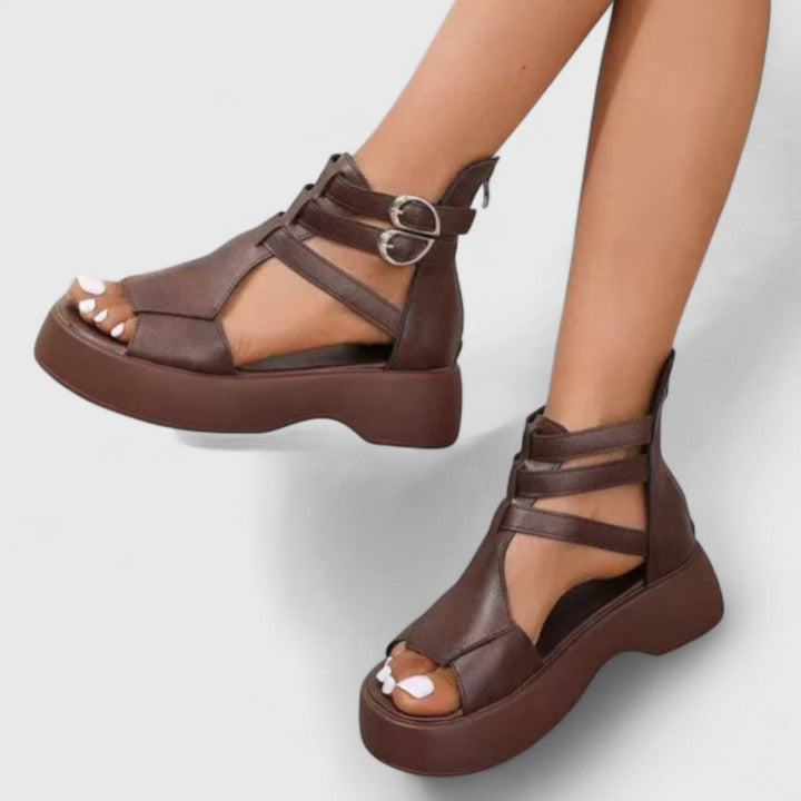 Women's orthopedic multi-strap platform sandals, designed for all-day comfort and arch support. Ideal wellness footwear.