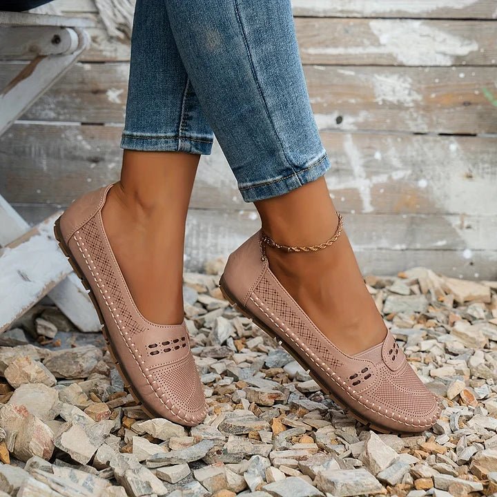 Versatile women's slip-on loafers, perforated for breathability & orthopedic comfort.
